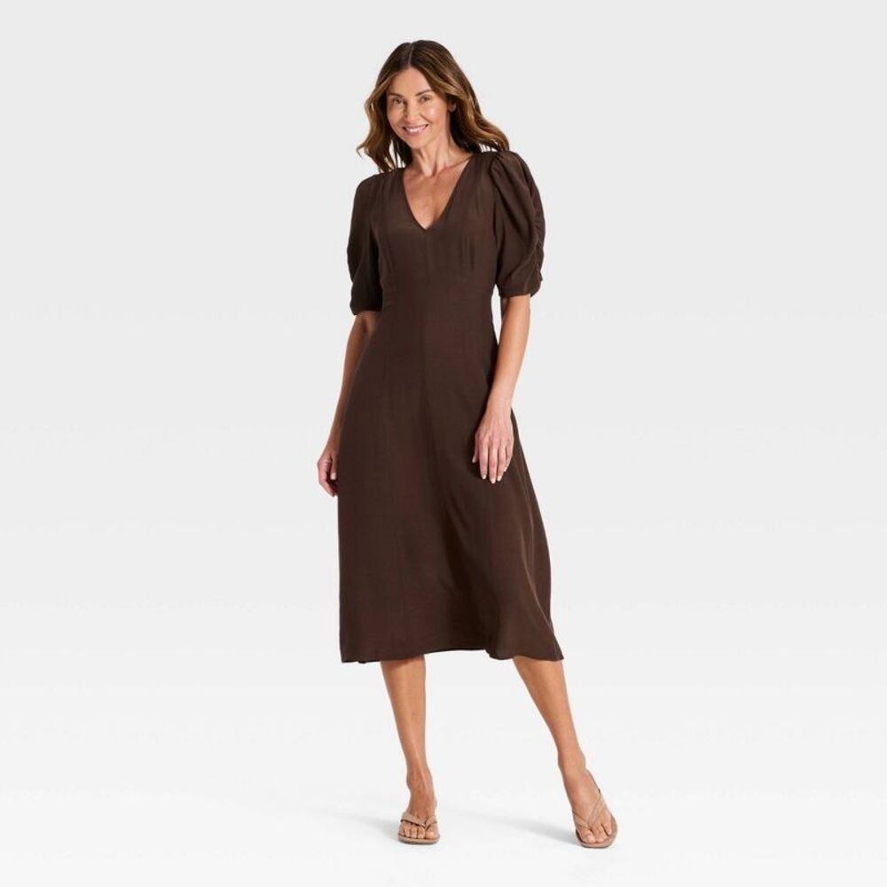 Women's Ruched 3/4 Sleeve Midi Dress - A New Day Brown S